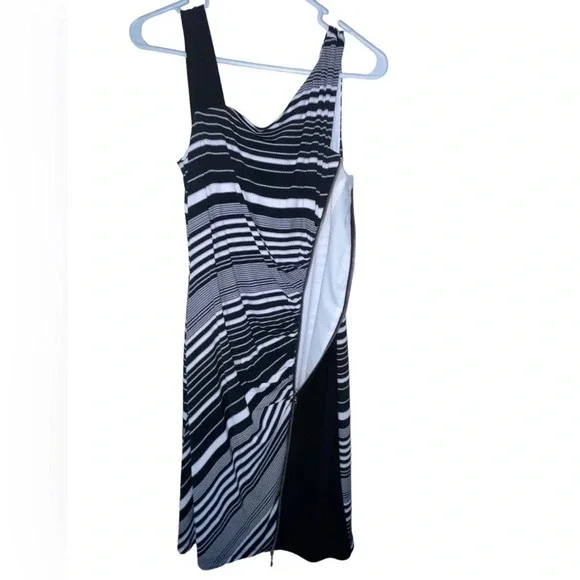 Joseph Ribkoff Striped Dress Asymmetrical Straps Black White Side Zip Size 6 - Picture 4 of 5
